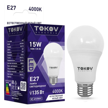 Лампа светодиодная 15Вт А60 4000К Е27 176-264В  TKE-A60-E27-15-4K