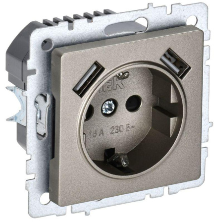 Розетка BRITE РЮш10-2-БрШ 16А с USB A+A 3.1А с заземл. защ. шторки механизм шампань  BR-R14-16-U21-D31-K37