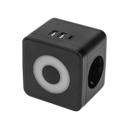 Двойник электрический Куб 16А с/з+2хUSB-A 2.4А+USB Type-C 3А с ночной подсветкой черн.  11-1252