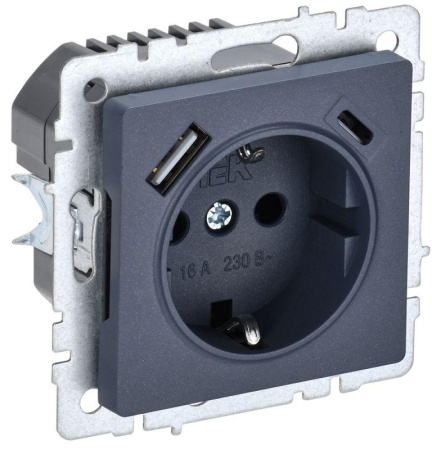 Розетка BRITE РЮш11-1-БрМ 16А с USB A+C 18Вт с заземл. защ. шторки механизм маренго  BR-R14-16-U22-018-K35