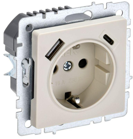 Розетка BRITE РЮш11-1-БрКр 16А с USB A+C 18Вт с заземл. защ. шторки механизм беж.  BR-R14-16-U22-018-K10