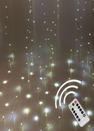 Гирлянда светодиодная "Дождь" 3х3м 300LED с крючками для крепления тепл. бел. 8 режимов мигания питание от USB 5В пульт ДУ  KOC_CUR-U103