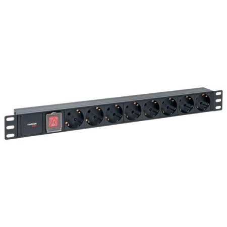 Блок PDU TERACOM PRO 19дюйм 1U 10А/250В 8 роз. Schuko с выключат. без шнура питания вх. разъем C14 корпус алюм. черн.  TRP-HPD-LS-10A-8SH-C14