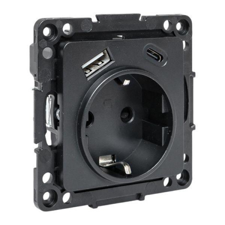 Розетка 1-м СП Стокгольм 16А USB A+C с заземл. защ. шторки винтов. клеммы механизм черн.  EZR16-2USB-typeA-typeC
