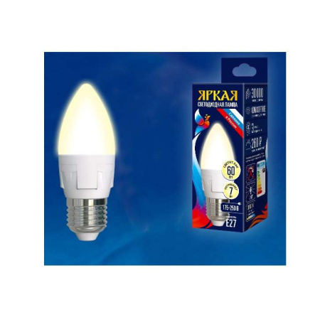 Лампа светодиодная LED-C37 7W/WW/E27/FR PLP01WH Яркая 7Вт свеча матовая 3000К тепл. бел. E27 (упак. картон)  UL-00002414