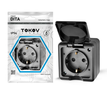 Розетка 1-м ОП Dita 16А IP54 250В с заземл. с крышкой карбон  TKL-DT-R1Z-C14-IP54