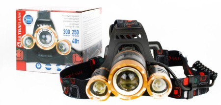Фонарь аккумуляторный налобный E1333 3LED 4Вт аккум. 3.7В фокус 4 режима метал. зол./черн.  13903
