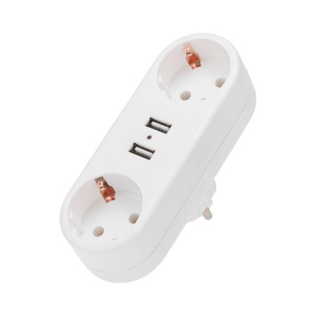 Двойник электрический линейный 16А с/з+2 USB-порта 2.4А бел.  11-1090