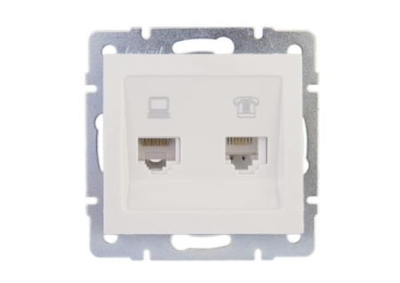 Розетка компьютерная + телефонная 2-м СП Rain RJ45 + RJ11 16А IP20 механизм бел.  703-0288-143