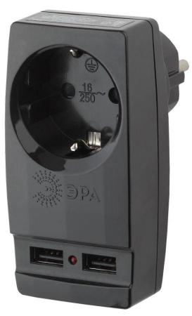 Адаптер 1-м с заземл. Polynom SP-1e-USB-B 220В 2хUSB 2100мА черн.  Б0026333