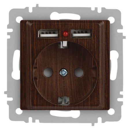 Розетка Accent 6-410-10 P+E Schuko со шторками 16А-250В + 2хUSB IP20 СУ венге  Б0063717