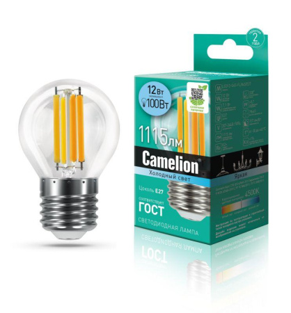 Лампа светодиодная филаментная LED12-G45-FL/845/E27 12Вт 220В  13715