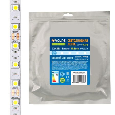 Лента светодиодная 5050-60LED/m-10mm-IP20-DC12V-14.4W/m-5M-3000K (уп.5м)  UL-00004353