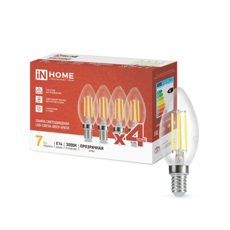 Лампа светодиодная филаментная LED-СВЕЧА-deco 4PACK 7Вт свеча прозрачная 3000К тепл. бел. E14 810лм 230В (уп.4шт)  4690612053431