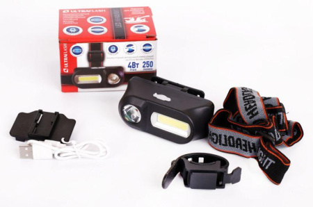 Фонарь аккумуляторный налобный LED53763 XPE + COB LED 3 + 3Вт 1 режим аккум 3.7В крепл. черн. (бокс)  14504