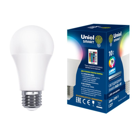 Лампа светодиодная LED-A60-10W/RGB/E27/REG PLS21WH 10Вт матовая E27 с ИК сенсором RGB свет пульт ДУ (н/к) (упак. картон)  UL-00006530