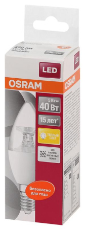 Лампа светодиодная LED STAR CLASSIC B 40 5W/827 5Вт свеча 2700К тепл. бел. E14 470лм 220-240В прозр. пласт. OSRAM 4058075318120
