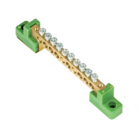 Шина нулевая PE 6х9 10 отвер. латунь с контактной пластиной 2 зел. угловых изолятора PROxima  sn0-63-10-2-pe