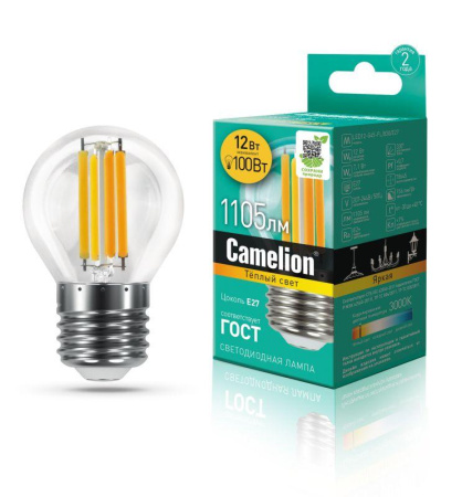 Лампа светодиодная филаментная LED12-G45-FL/830/E27 12Вт 220В  13714