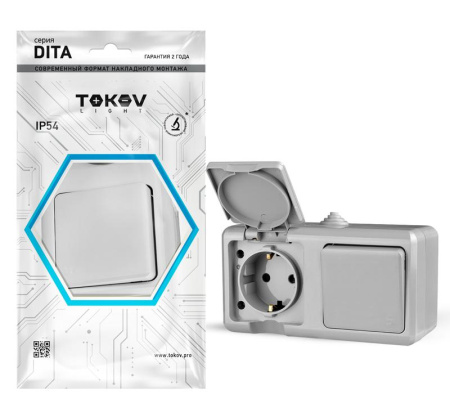 Блок ОП Dita (розетка 16А 250В с заземл. + 1-кл. выкл. 10А) IP54 сер.  TKL-DT-V1RZ-C06-IP54