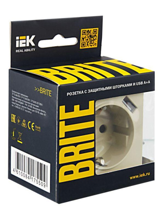 Розетка BRITE РЮш10-1-БрКр 16А с USB A+A 2.1А с заземл. защ. шторки механизм беж.  BR-R14-16-U21-D21-K10
