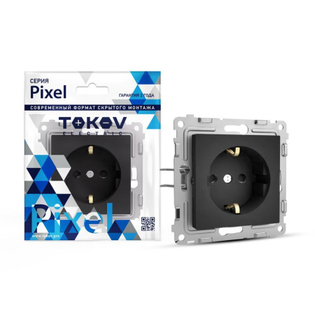 Розетка 1-м СП Pixel 16А IP20 с заземл. защ. шторки механизм карбон  TKE-PX-R1ZSF-C14