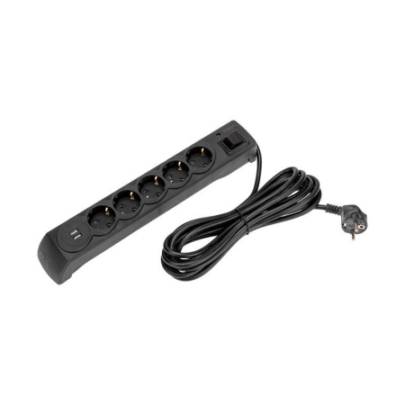 Удлинитель с сетевым фильтром 5х5м с автовыкл. 2 USB КГ 3х1.5кв.мм черн.  13-4703