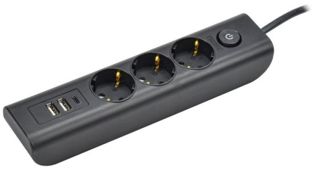Удлинитель 3х2м с заземл. 16А 250В MODERN У03В с выкл. USBх3 (type-Aх2шт + type-Cх1шт) ПВС 3х1 черн.  WYP12-16-03-02-ZKU-K02