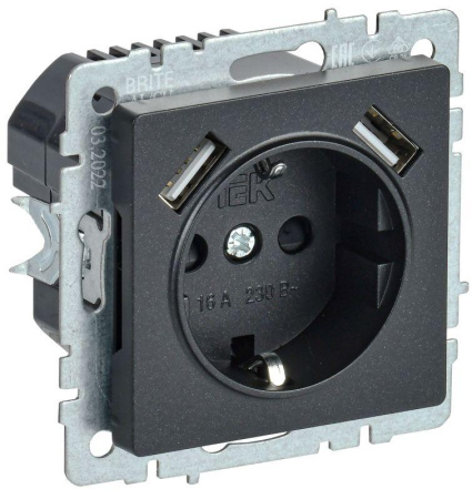 Розетка BRITE РЮш10-2-БрЧ 16А с USB A+A 3.1А с заземл. защ. шторки механизм черн.  BR-R14-16-U21-D31-K02