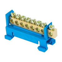 Шина нулевая N 6х9 8 отверстий синий изолятор тип "Стойка" на DIN-рейку латунь розн. стикер PROxima  sn0-63-8-sb-r