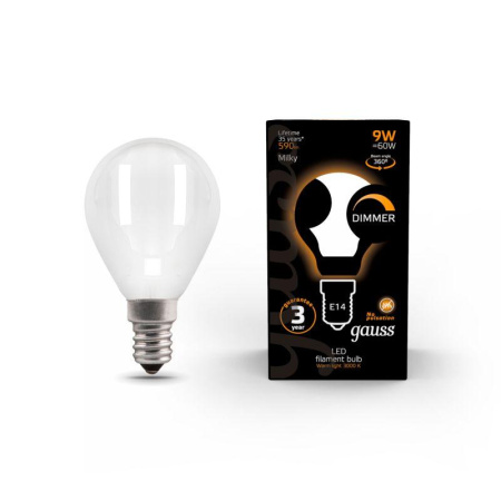 Лампа светодиодная филаментная Black Filament 9Вт P45 шар матовая 3000К тепл. бел. E14 590лм диммир.  105201109-D