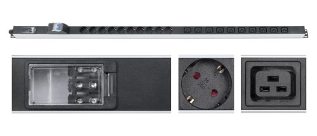 Блок розеток для 19дюйм шкафов PDU-16-10S-10C19-B-T вертик. 10 розеток Schuko 10 розеток IEC 320 C19 16А автомат защиты алюм. корпус клем. колодка  9549c
