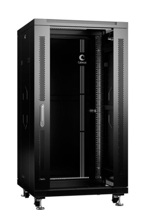Шкаф монтажный телекоммуникационный напольный SH-05C-22U60/60-BK 19дюйм 22U 600х600х1166мм (ШхГхВ) для распред. и серверного оборудования перед. стеклянная и задняя сплошная метал. двери ручка с замком черн.  8556c