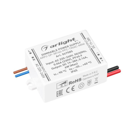 Блок питания ARPJ-SP-38160-PFC-TRIAC-MINI (6Вт 19-38В 160мА) IP65 пластик  047585