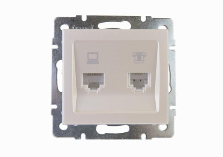 Розетка компьютерная + телефонная 2-м Rain RJ45 + RJ11 механизм жемчуж./бел. перламутр.  703-3088-143
