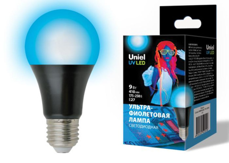 Лампа светодиодная LED-A60-9W/UVAD/E27/FR PLZ07BK 410нм ультрафиолетовая для дискотек спектр UVA картон  UL-00005855
