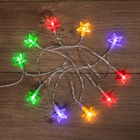 Гирлянда светодиодная "Звездочки" 1.5м 10LED мультиколор 0.1Вт IP20 провод ПВХ прозр. элементы питания 2хAA (не в компл.)  303-090