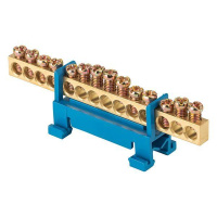 Шина нулевая N 6х9 14 отверстий синий изолятор тип "Стойка" на DIN-рейку латунь PROxima  sn0-63-14-sb