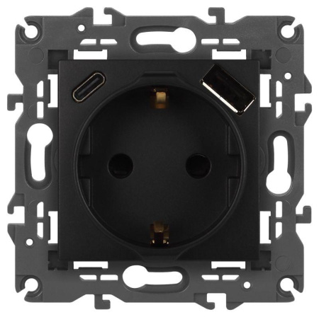 Розетка ЭРА Elegance 14-4108-05 2P+E 16A-250В со шторками с USB type-A+C 5В-3А антрацит  Б0067724