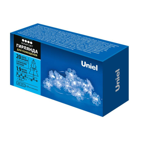 Гирлянда ULD-S1900-020/STB/2AA WHITE IP20 SNOWFLAKES MINI "Снежинки мини" 2AA (не в/к) 1.9м 20 LED провод прозр.  UL-00008620