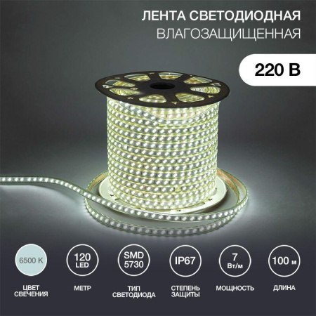 Лента светодиодная SMD5730 6.5x17мм 120LED/м 220В IP67 бел. (уп.100м)  142-703