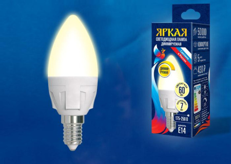 Лампа светодиодная LED-C37 7W/3000K/E14/FR/DIM PLP01WH Яркая 7Вт свеча матовая 3000К тепл. бел. E14 диммир. (упак. картон)  UL-00004296