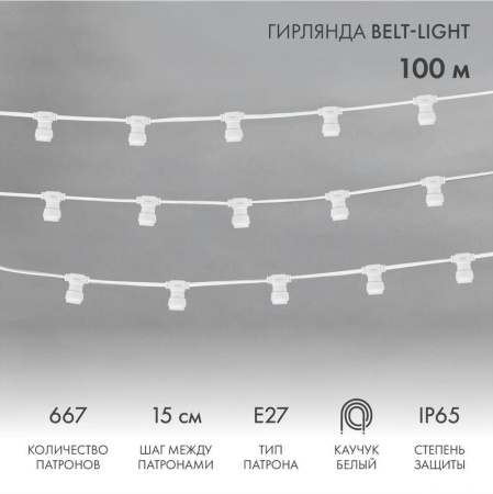 Гирлянда "Белт Лайт" 2жил. шаг 15см патроны E27 1320Вт IP65 влагостойкая провод бел. (уп.100м)  331-251
