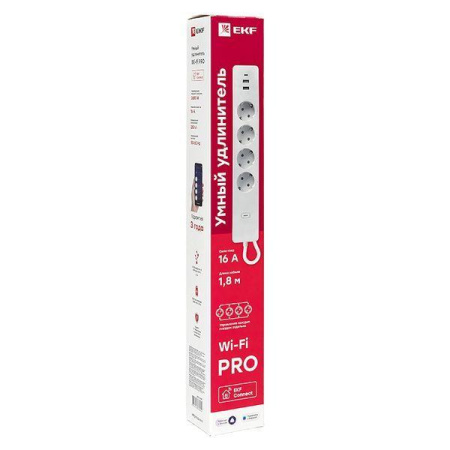 Удлинитель умный 4х1.8м 16А IP20 Connect PRO Wi-Fi 3хUSB с выкл. с управлением по Wi-Fi PRO PROxima  RCE-2-WF