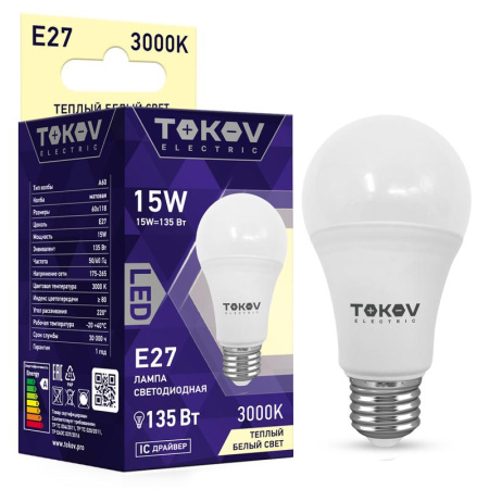 Лампа светодиодная 15Вт А60 3000К Е27 176-264В  TKE-A60-E27-15-3K