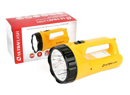 Фонарь аккумуляторный LED3816SM 9LED 2 режима аккум. SLA 220В желт.  12859