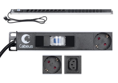 Блок розеток для 19дюйм шкафов PDU-16-10S-10C13-B вертик. 10 розеток Schuko 10 розеток IEC 320 C13 16А автомат защиты алюм. корпус шнур с вилкой Schuko 2м  9552c