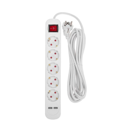 Удлинитель 5х5м с заземл. STANDARD 2хUSB 3х1кв.мм с выкл. бел.  13-4036