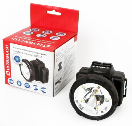 Фонарь аккумуляторный налобный LED5367 LED + 5SMD 1.2Вт 2 режима 220В пластик. черн. (бокс)  13350