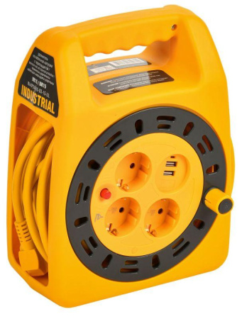 Удлинитель на катушке 3х15м с заземл. Industrial УК15 2P+PE 3х1.5кв.мм USBх2 LED термозащита  IN-KP24-16-03-15-UL